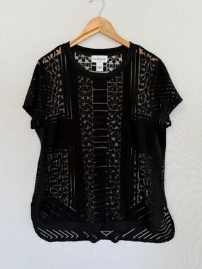 PECK & PECK Women’s Large Black Geometric Cut Out Semi-Sheer Short Sleeve Tee